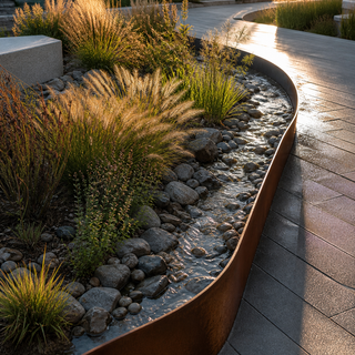Curving water runnel, native grasses, and weathered steel edging.