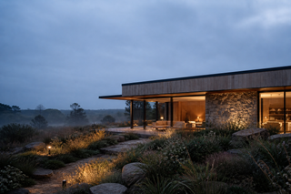 Portrait view of the illuminated Meadow House entrance and meadow path.