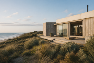 Weathered timber coastal retreat above dune grasses.