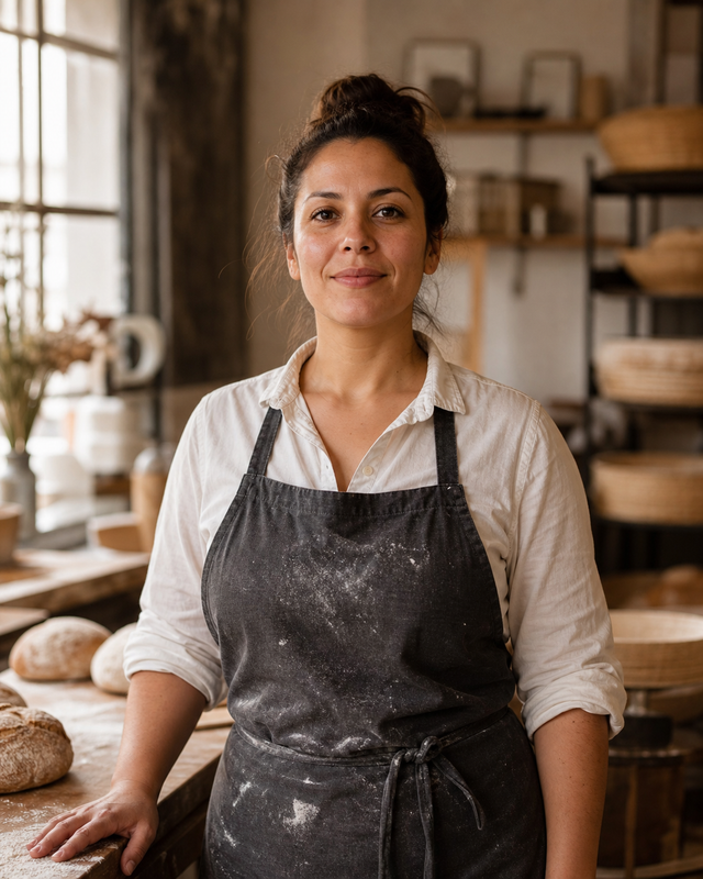 Portrait of Ana, an artisan baker in the workshop.