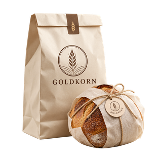 Goldkorn paper bread bag and wrapped sourdough loaf on a transparent background.