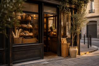 Fachada cálida de una panadería artesanal situada antes del texto.
